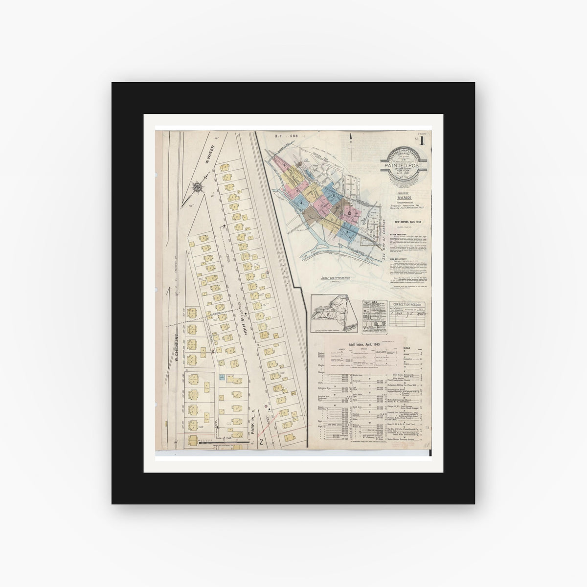 Old map wall art mockup — black gallery frame with white mat — Sanborn Fire Insurance Map from Painted Post, Steuben County, New York (1943), Sheet #0001