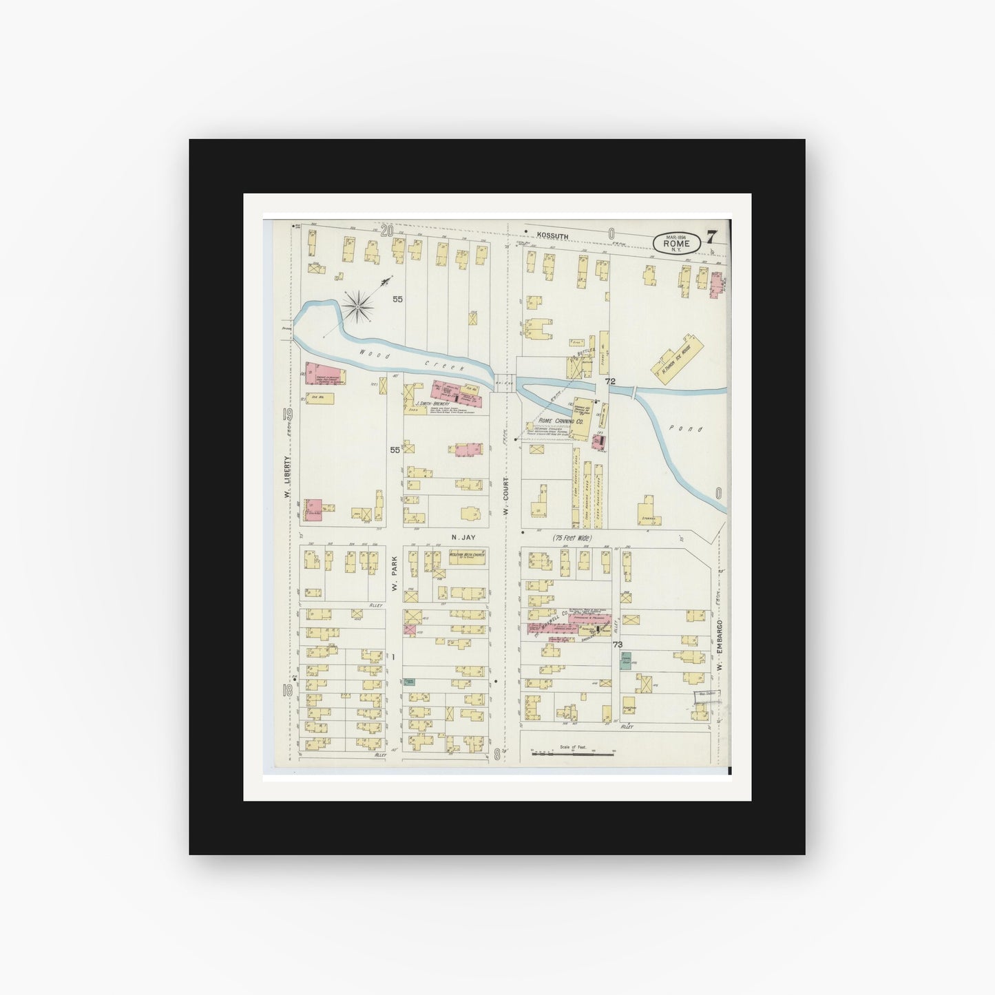 Old map wall art mockup — black gallery frame with white mat — Sanborn Fire Insurance Map from Rome, Oneida County, New York (1894), Sheet #0007