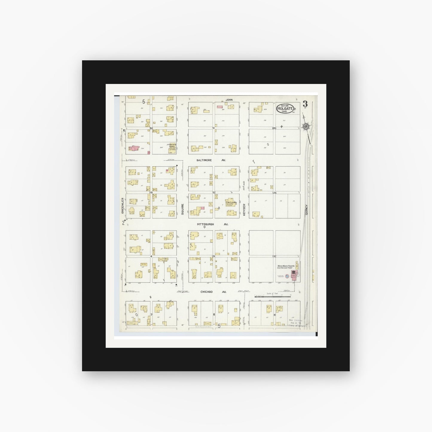 Old map wall art mockup — black gallery frame with white mat — Sanborn Fire Insurance Map from Holgate, Henry County, Ohio (1916), Sheet #0003