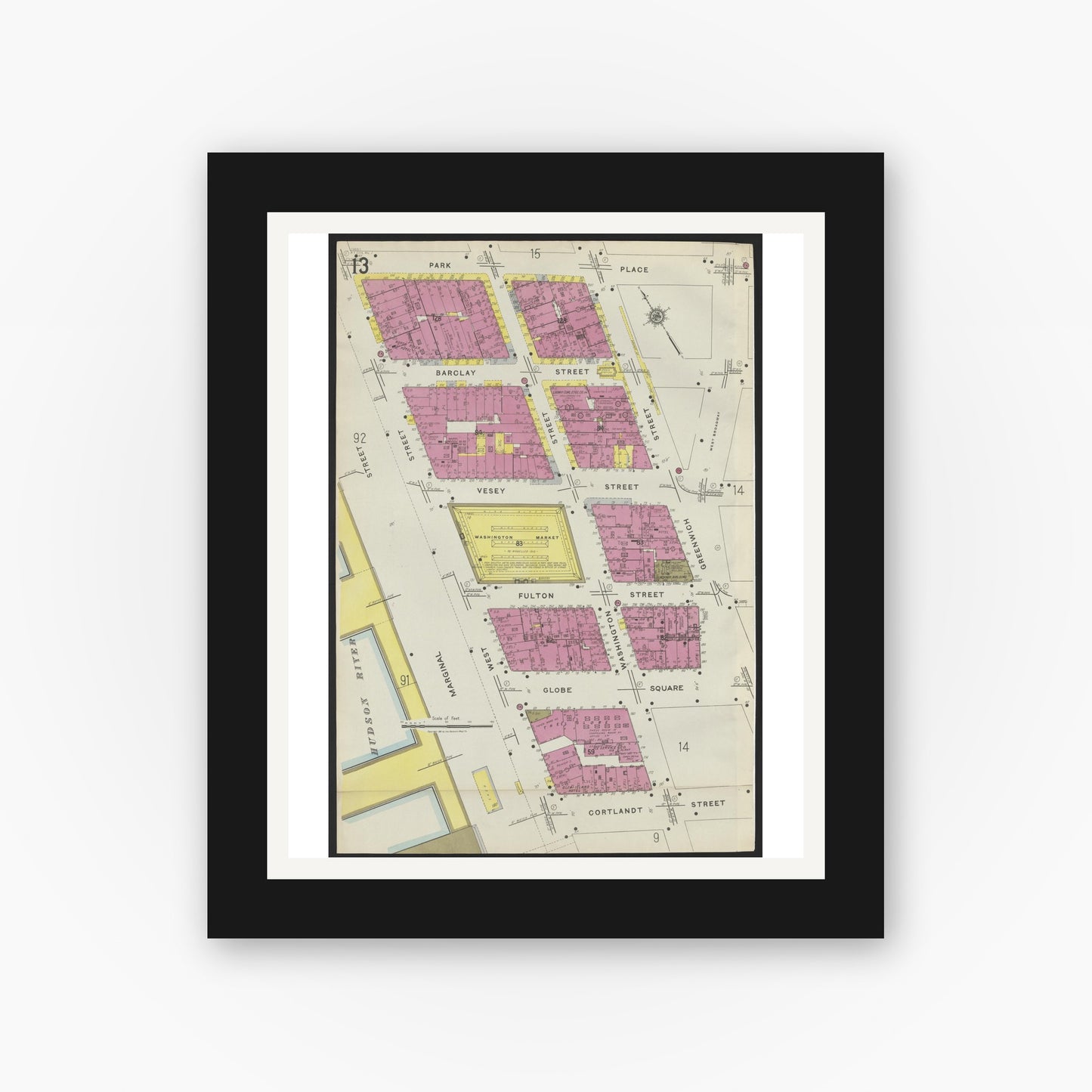 Old map wall art mockup — black gallery frame with white mat — Sanborn Fire Insurance Map from New York, Bronx, Manhattan, New York (1923), Sheet #0013
