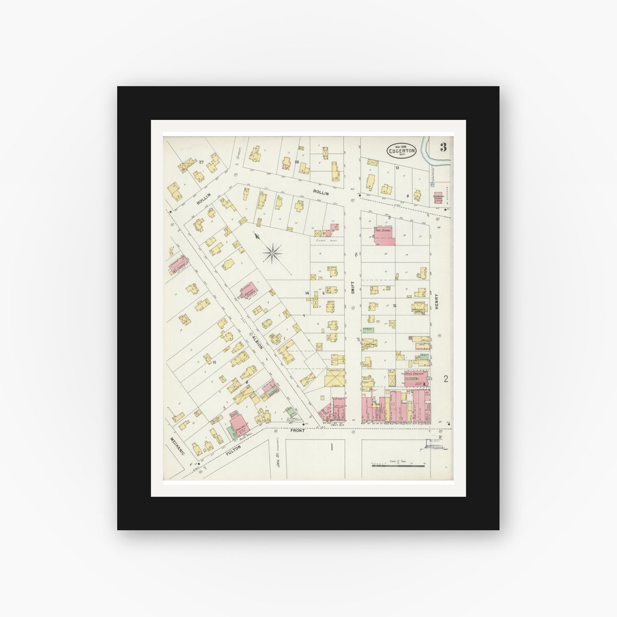 Old map wall art mockup — black gallery frame with white mat — Sanborn Fire Insurance Map from Edgerton, Rock County, Wisconsin (1898), Sheet #0003