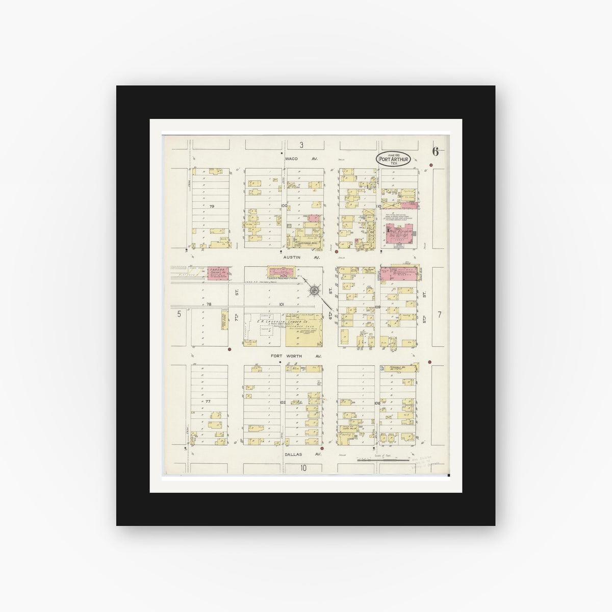 Old map wall art mockup — black gallery frame with white mat — Sanborn Fire Insurance Map from Port Arthur, Jefferson County, Texas (1915), Sheet #0006