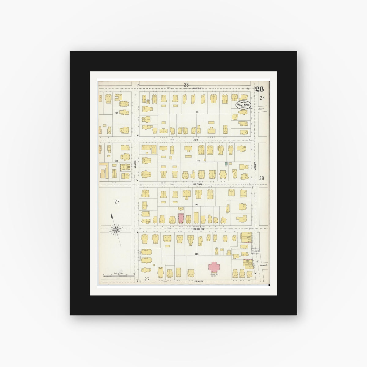 Old map wall art mockup — black gallery frame with white mat — Sanborn Fire Insurance Map from Waltham, Middlesex County, Massachusetts (1903), Sheet #0028