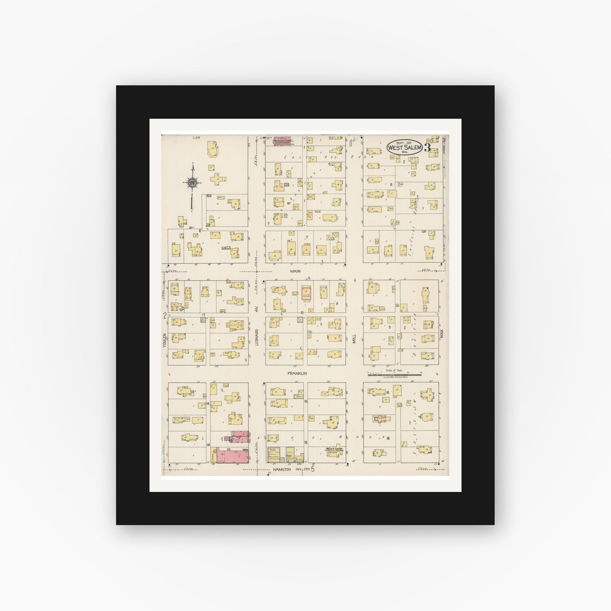 Old map wall art mockup — black gallery frame with white mat — Sanborn Fire Insurance Map from West Salem, La Crosse County, Wisconsin (1922), Sheet #0003
