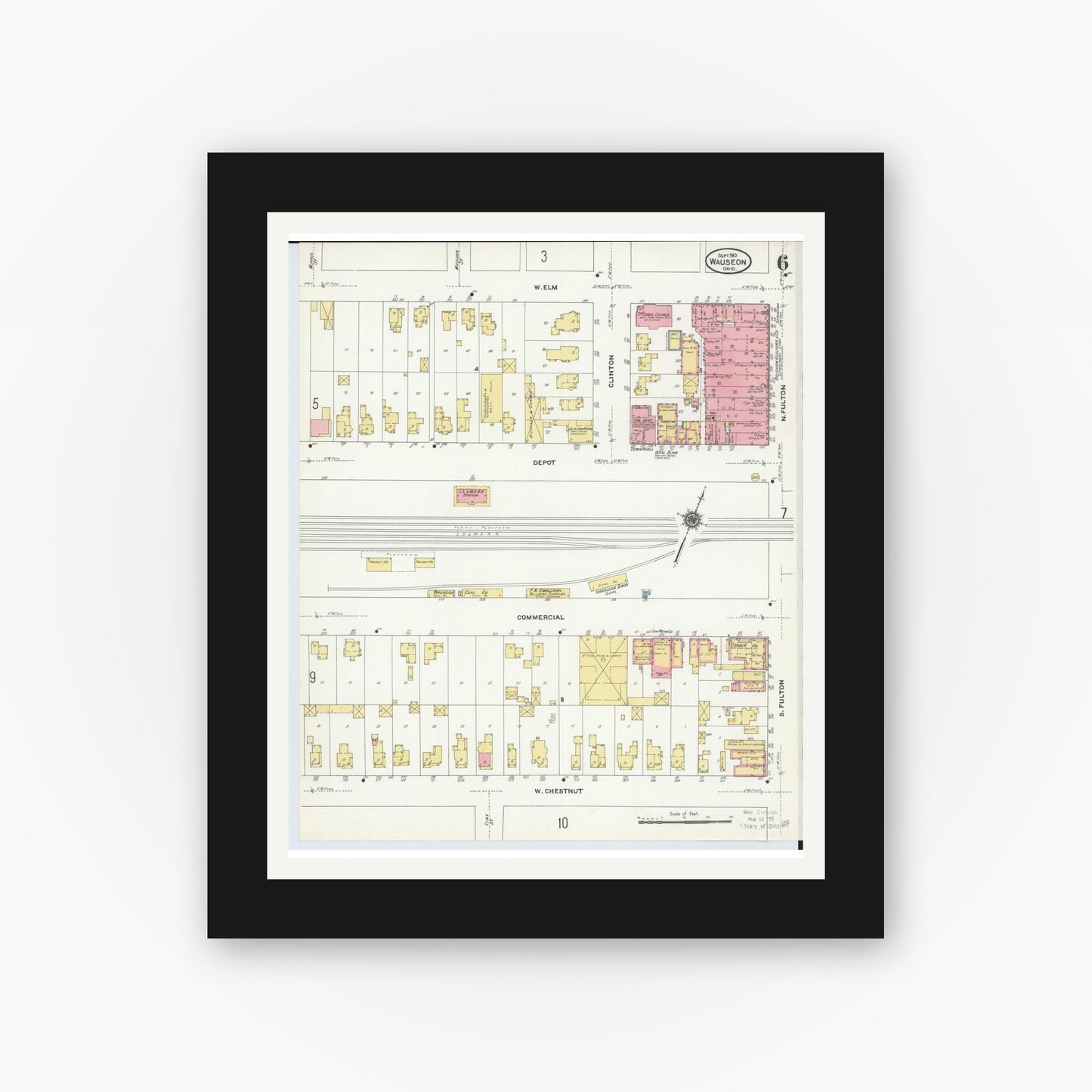 Old map wall art mockup — black gallery frame with white mat — Sanborn Fire Insurance Map from Wauseon, Fulton County, Ohio (1910), Sheet #0006