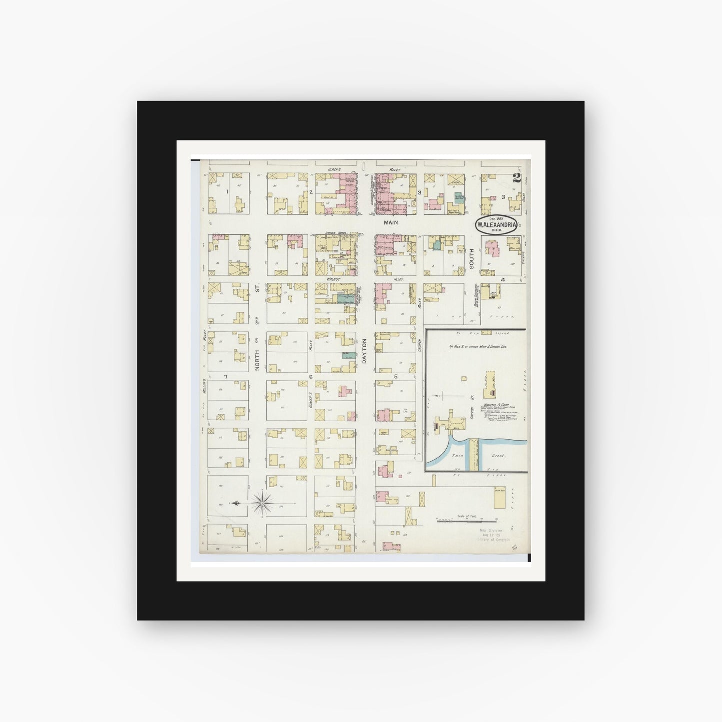 Old map wall art mockup — black gallery frame with white mat — Sanborn Fire Insurance Map from West Alexandria, Preble County, Ohio (1892), Sheet #0002