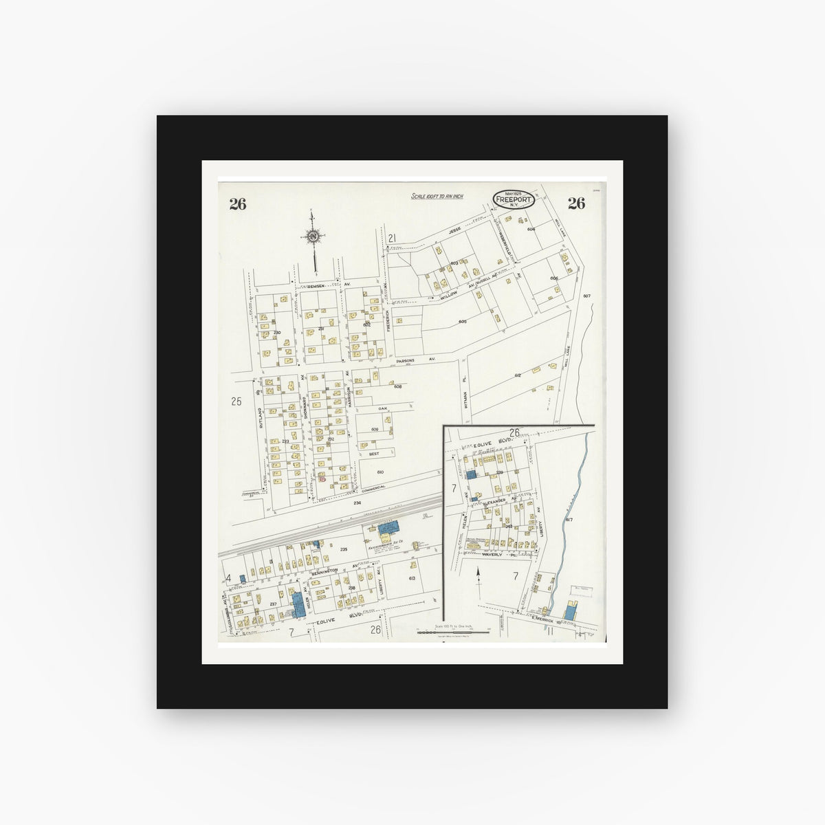 Old map wall art mockup — black gallery frame with white mat — Sanborn Fire Insurance Map from Freeport, Nassau County, New York (1925), Sheet #0026