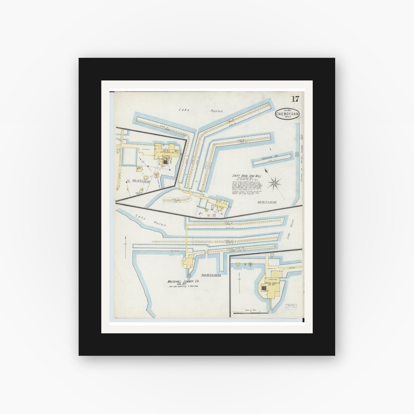 Old map wall art mockup — black gallery frame with white mat — Sanborn Fire Insurance Map from Cheboygan, Cheboygan County, Michigan (1895), Sheet #0017
