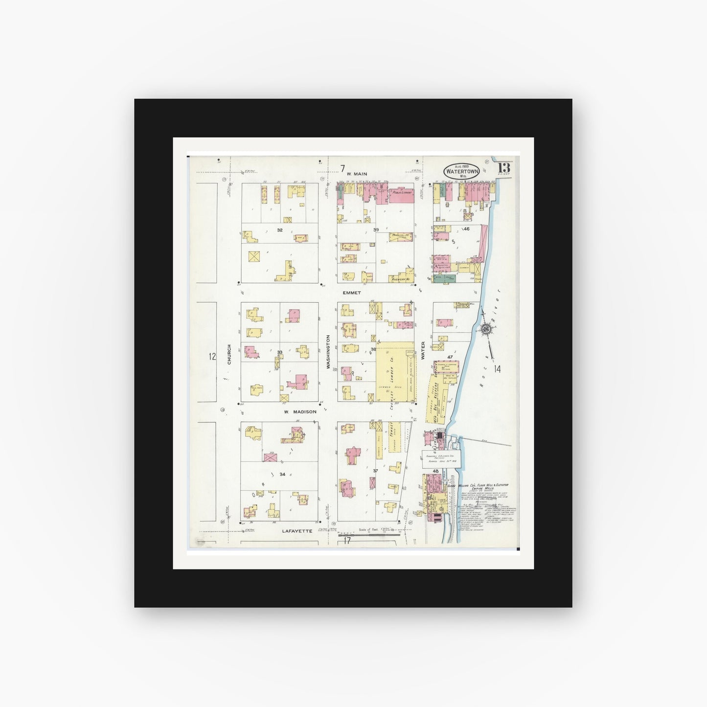 Old map wall art mockup — black gallery frame with white mat — Sanborn Fire Insurance Map from Watertown, Jefferson County, Wisconsin (1909), Sheet #0013