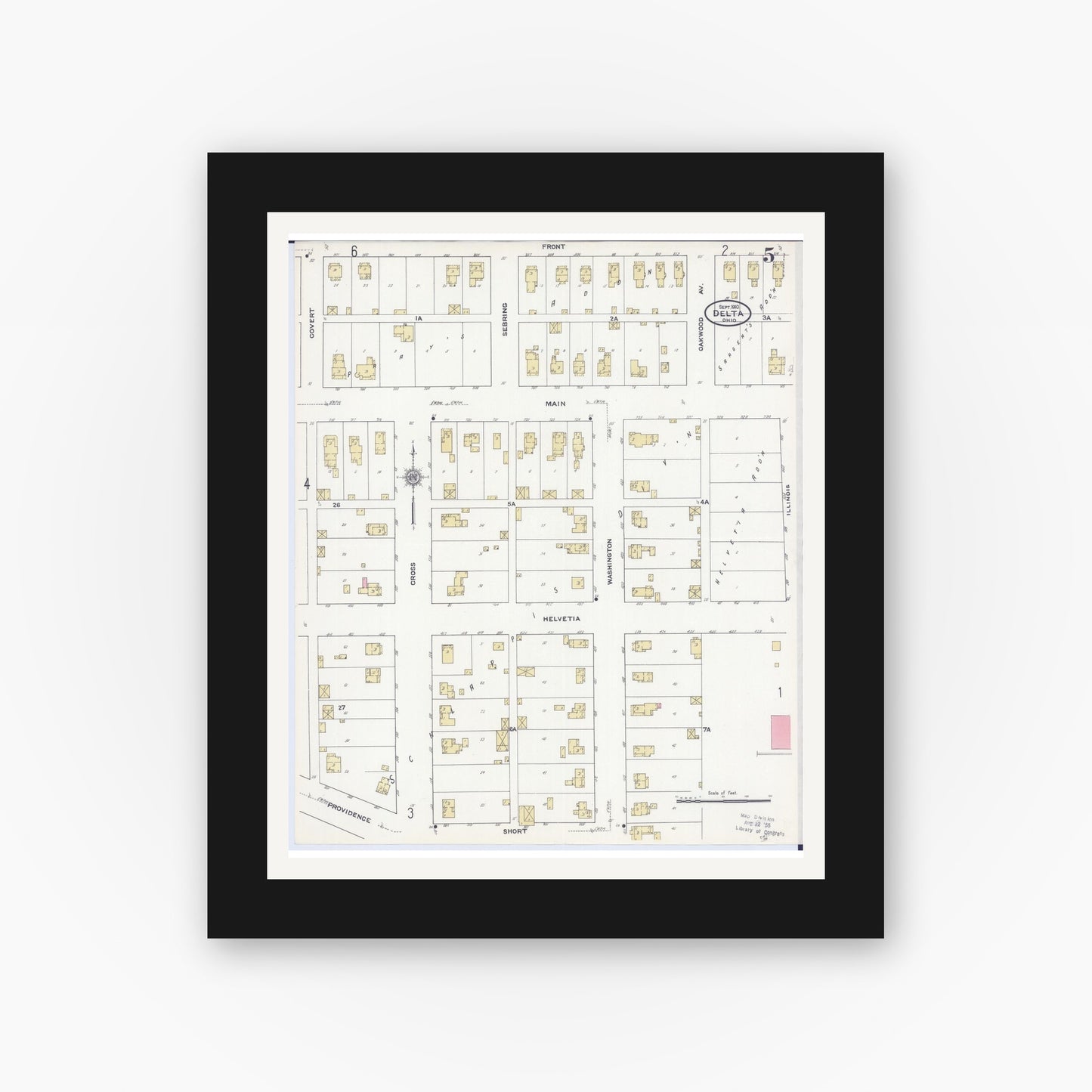 Old map wall art mockup — black gallery frame with white mat — Sanborn Fire Insurance Map from Delta, Fulton County, Ohio (1910), Sheet #0005