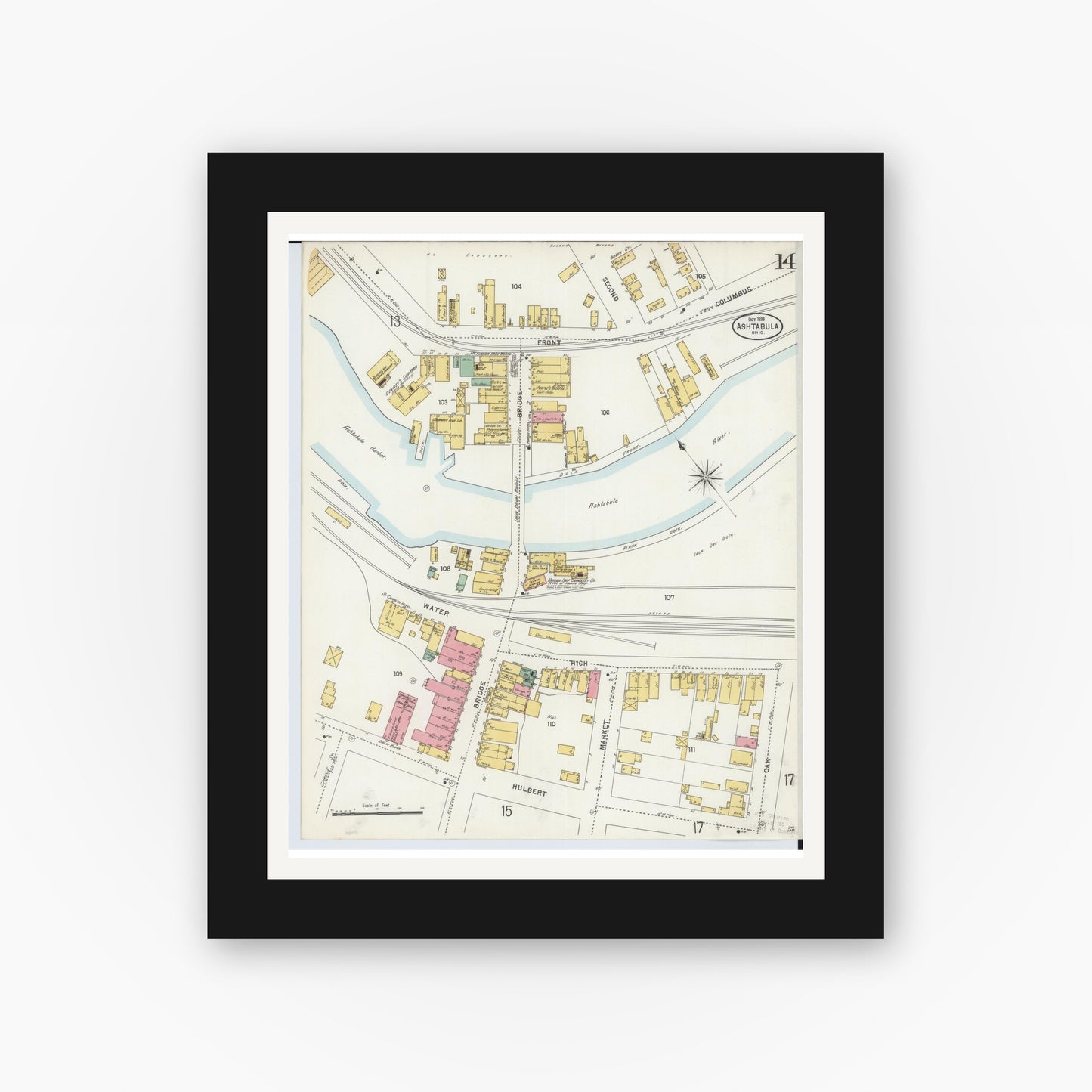 Old map wall art mockup — black gallery frame with white mat — Sanborn Fire Insurance Map from Ashtabula, Ashtabula County, Ohio (1898), Sheet #0014
