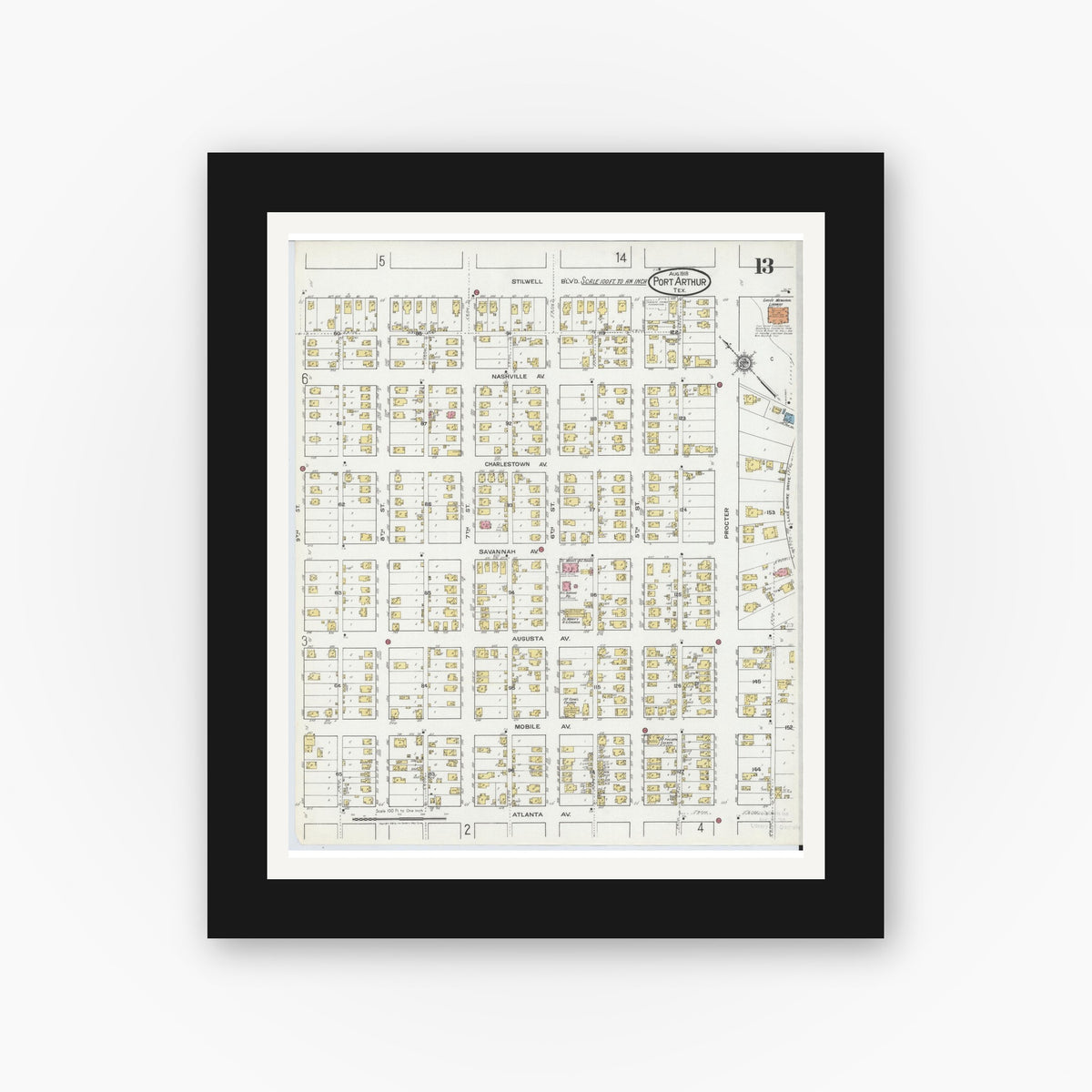 Old map wall art mockup — black gallery frame with white mat — Sanborn Fire Insurance Map from Port Arthur, Jefferson County, Texas (1918), Sheet #0013