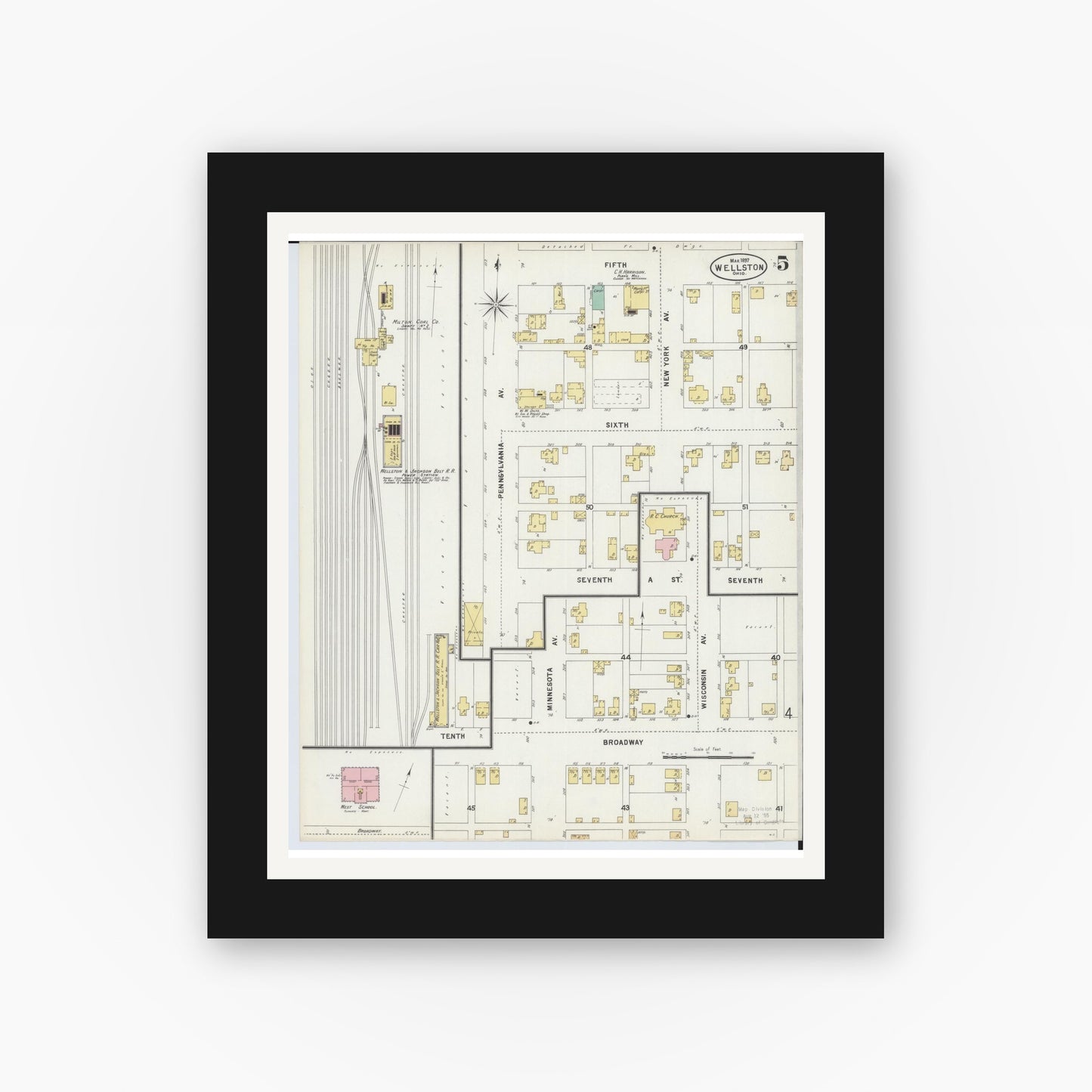 Old map wall art mockup — black gallery frame with white mat — Sanborn Fire Insurance Map from Wellston, Jackson County, Ohio (1897), Sheet #0005