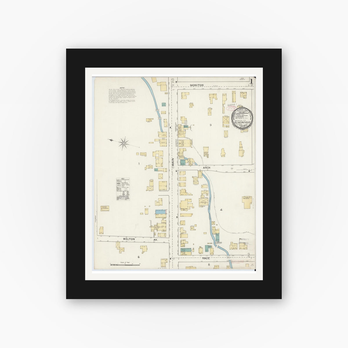 Old map wall art mockup — black gallery frame with white mat — Sanborn Fire Insurance Map from Schenevus, Otsego County, New York (1892) - Complete Map Set