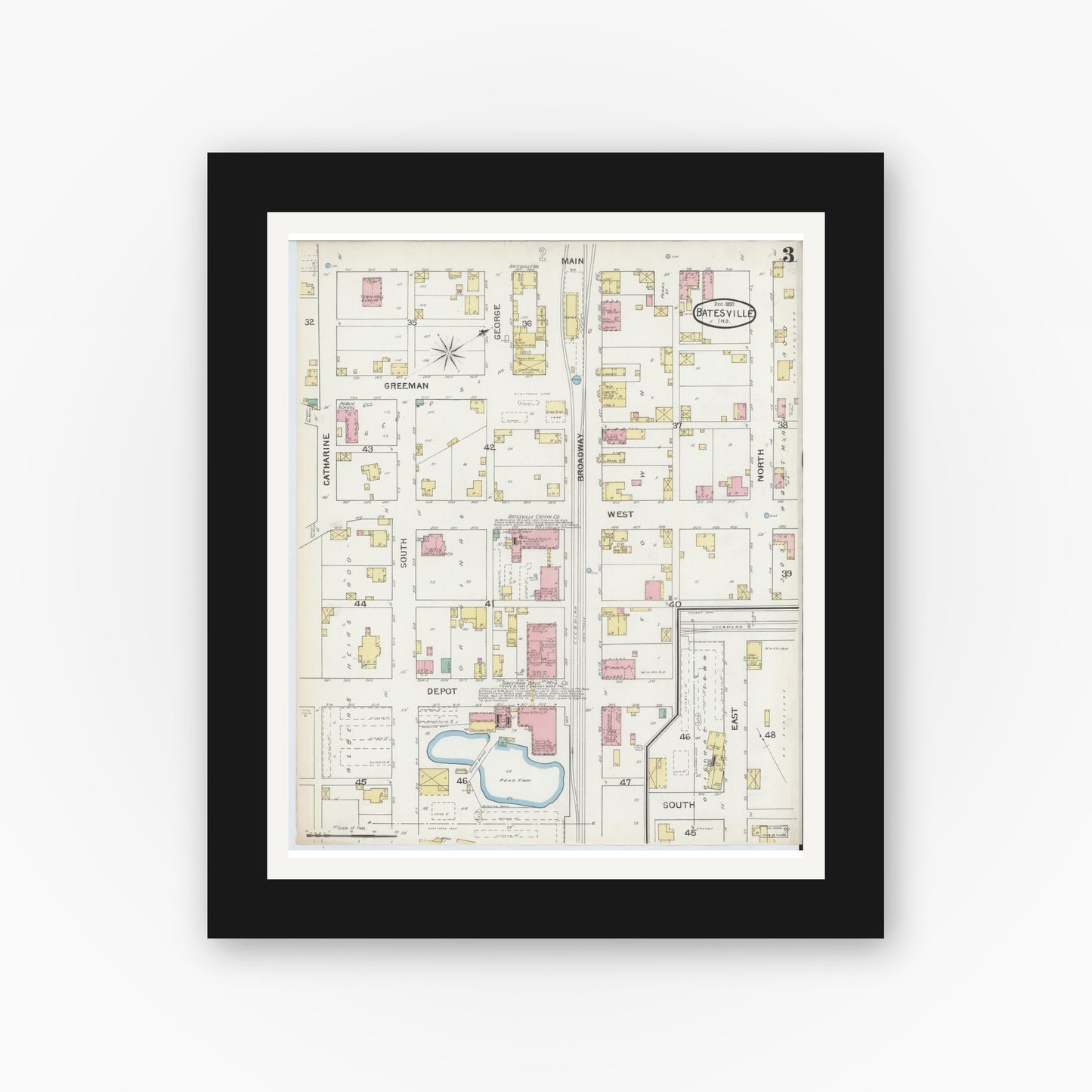 Old map wall art mockup — black gallery frame with white mat — Sanborn Fire Insurance Map from Batesville, Ripley County, Indiana (1892), Sheet #0003
