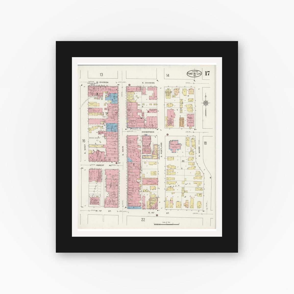 Old map wall art mockup — black gallery frame with white mat — Sanborn Fire Insurance Map from Fond du Lac, Fond du Lac County, Wisconsin (1915), Sheet #0017