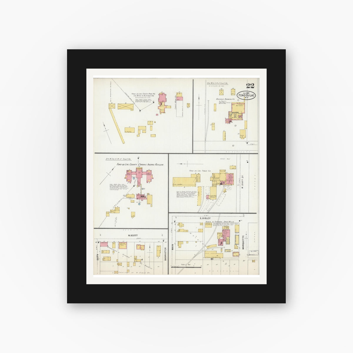 Old map wall art mockup — black gallery frame with white mat — Sanborn Fire Insurance Map from Fond du Lac, Fond du Lac County, Wisconsin (1898), Sheet #0022