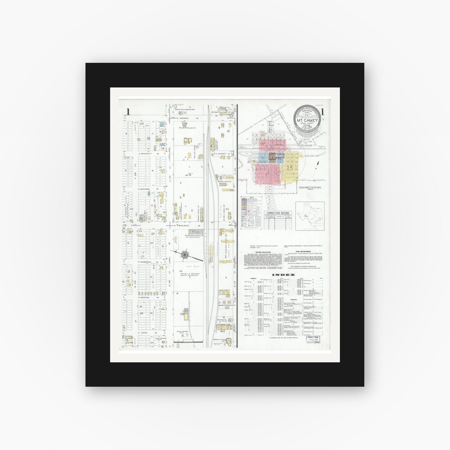 Old map wall art mockup — black gallery frame with white mat — Sanborn Fire Insurance Map from McCamey, Upton County, Texas (1946) - Complete Map Set