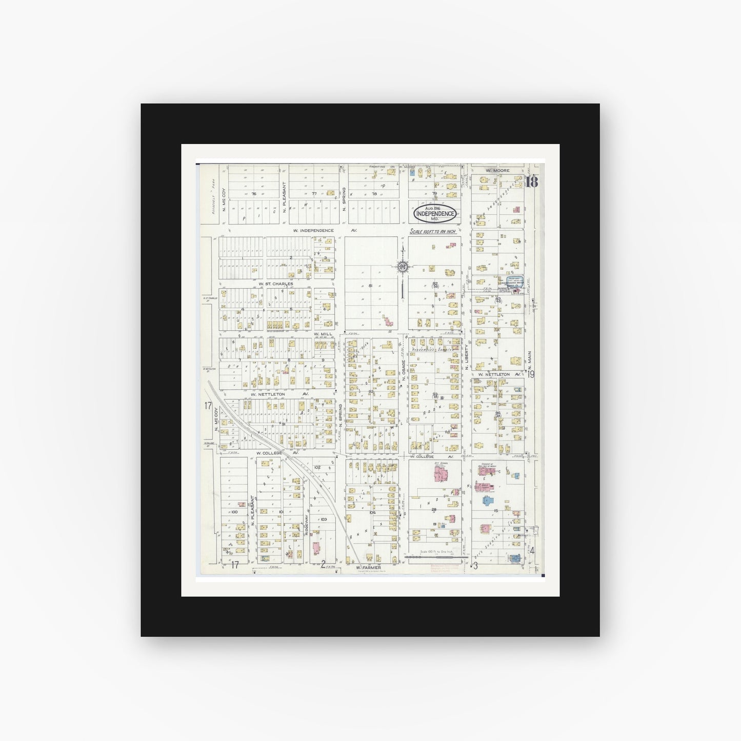 Old map wall art mockup — black gallery frame with white mat — Sanborn Fire Insurance Map from Independence, Jackson County, Missouri (1916), Sheet #0018