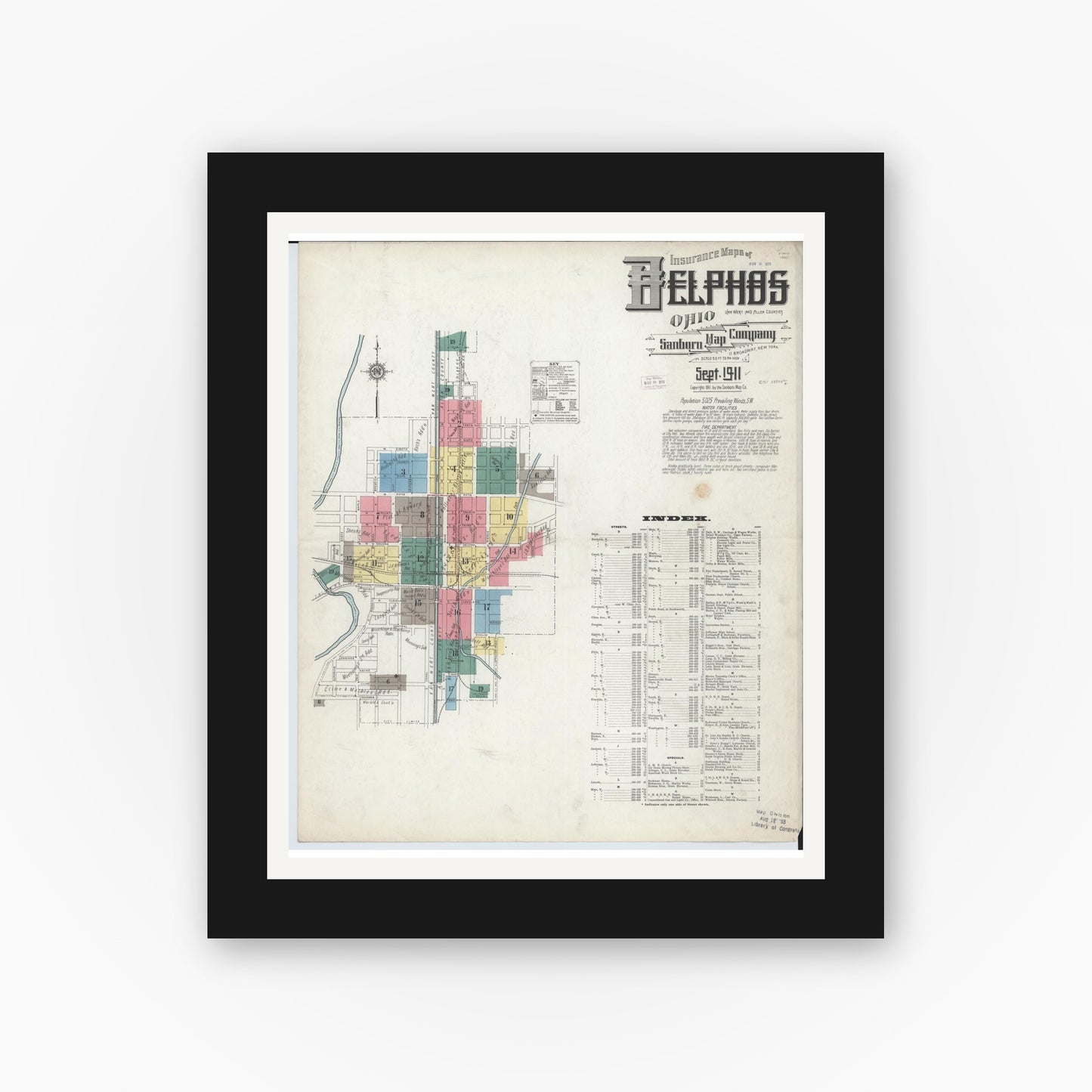 Old map wall art mockup — black gallery frame with white mat — Sanborn Fire Insurance Map from Delphos, Van Wert And Allen Counties, Ohio (1911) - Complete Map Set