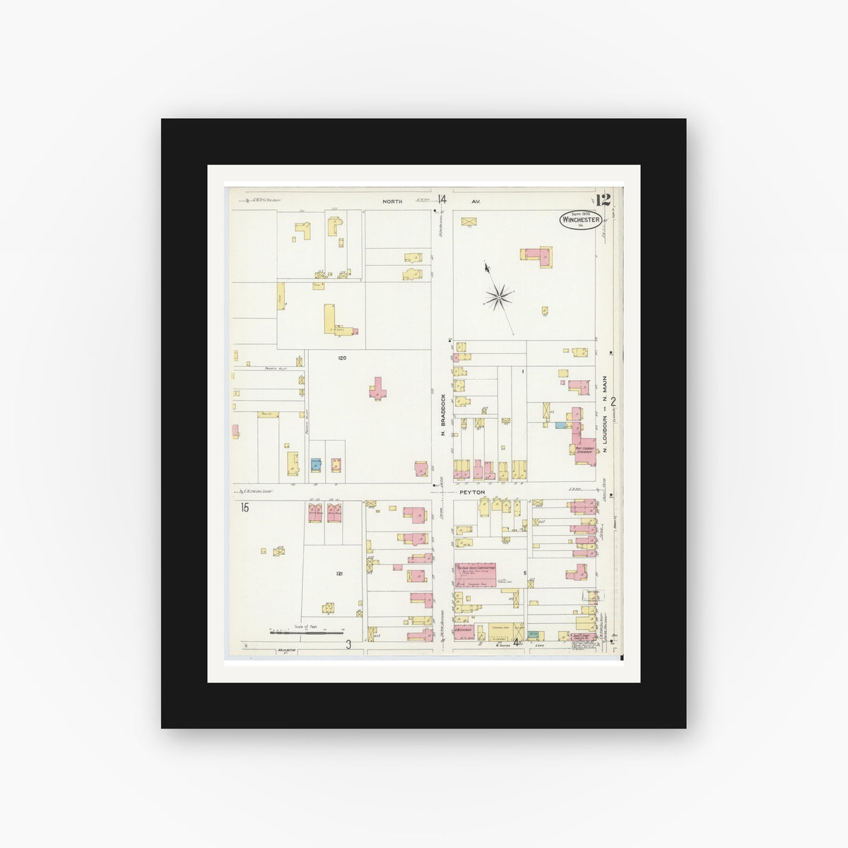 Old map wall art mockup — black gallery frame with white mat — Sanborn Fire Insurance Map from Winchester, Independent Cities, Virginia (1908), Sheet #0012