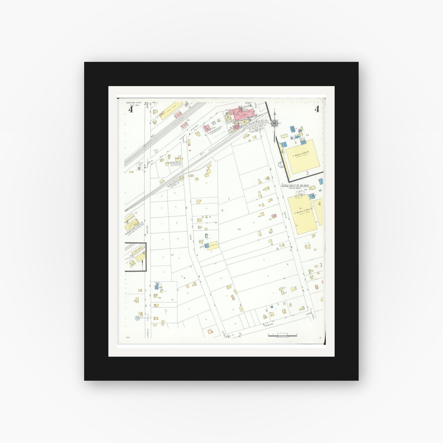 Old map wall art mockup — black gallery frame with white mat — Sanborn Fire Insurance Map from Mentor, Lake County, Ohio (1941), Sheet #0004