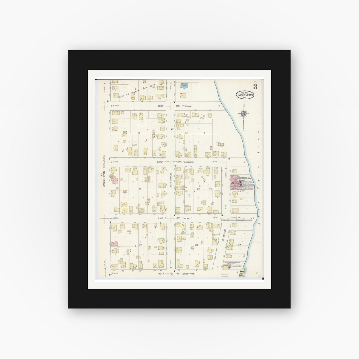 Old map wall art mockup — black gallery frame with white mat — Sanborn Fire Insurance Map from Two Rivers, Manitowoc County, Wisconsin (1913), Sheet #0003