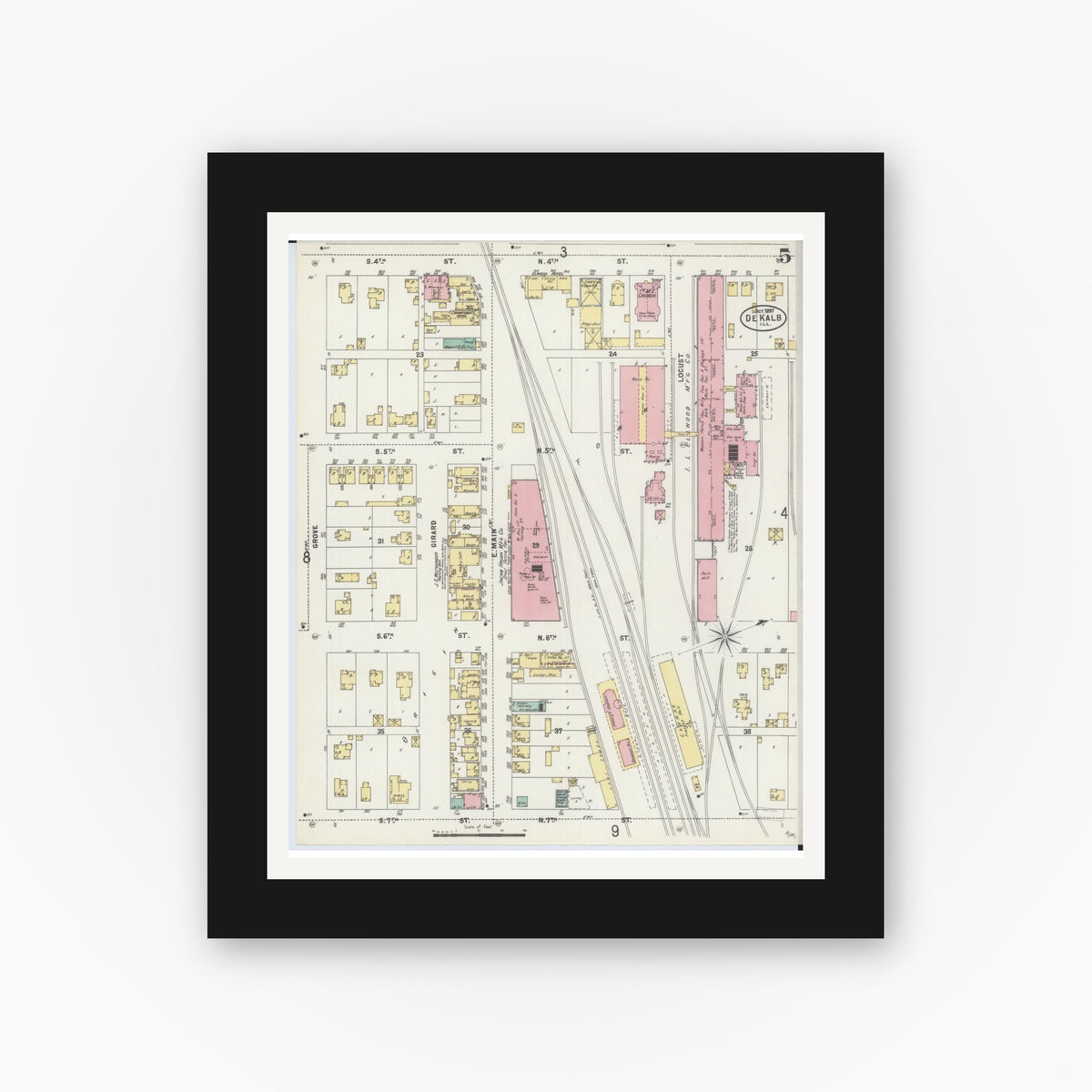 Old map wall art mockup — black gallery frame with white mat — Sanborn Fire Insurance Map from De Kalb, De Kalb County, Illinois (1897), Sheet #0005