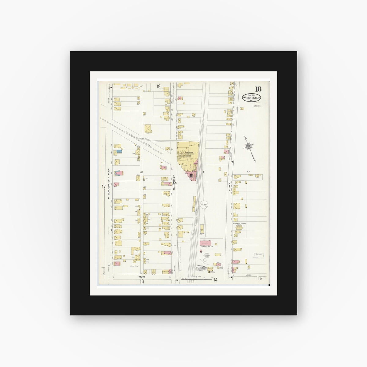 Old map wall art mockup — black gallery frame with white mat — Sanborn Fire Insurance Map from Winchester, Independent Cities, Virginia (1912), Sheet #0018