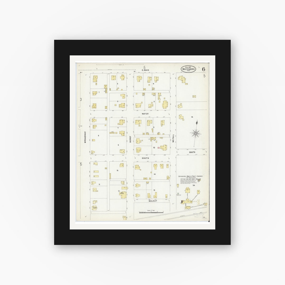 Old map wall art mockup — black gallery frame with white mat — Sanborn Fire Insurance Map from Whitesboro, Grayson County, Texas (1907), Sheet #0006