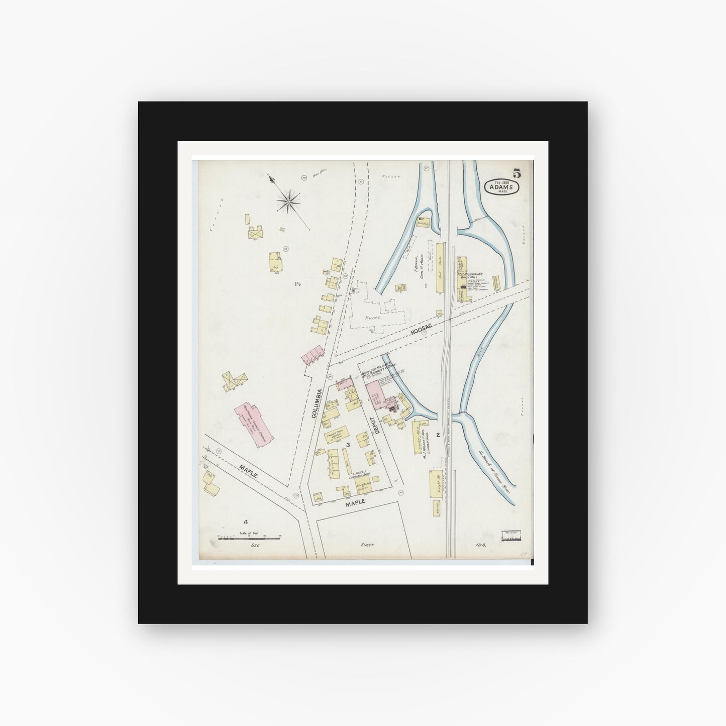 Old map wall art mockup — black gallery frame with white mat — Sanborn Fire Insurance Map from Adams, Berkshire County, Massachusetts (1889), Sheet #0005