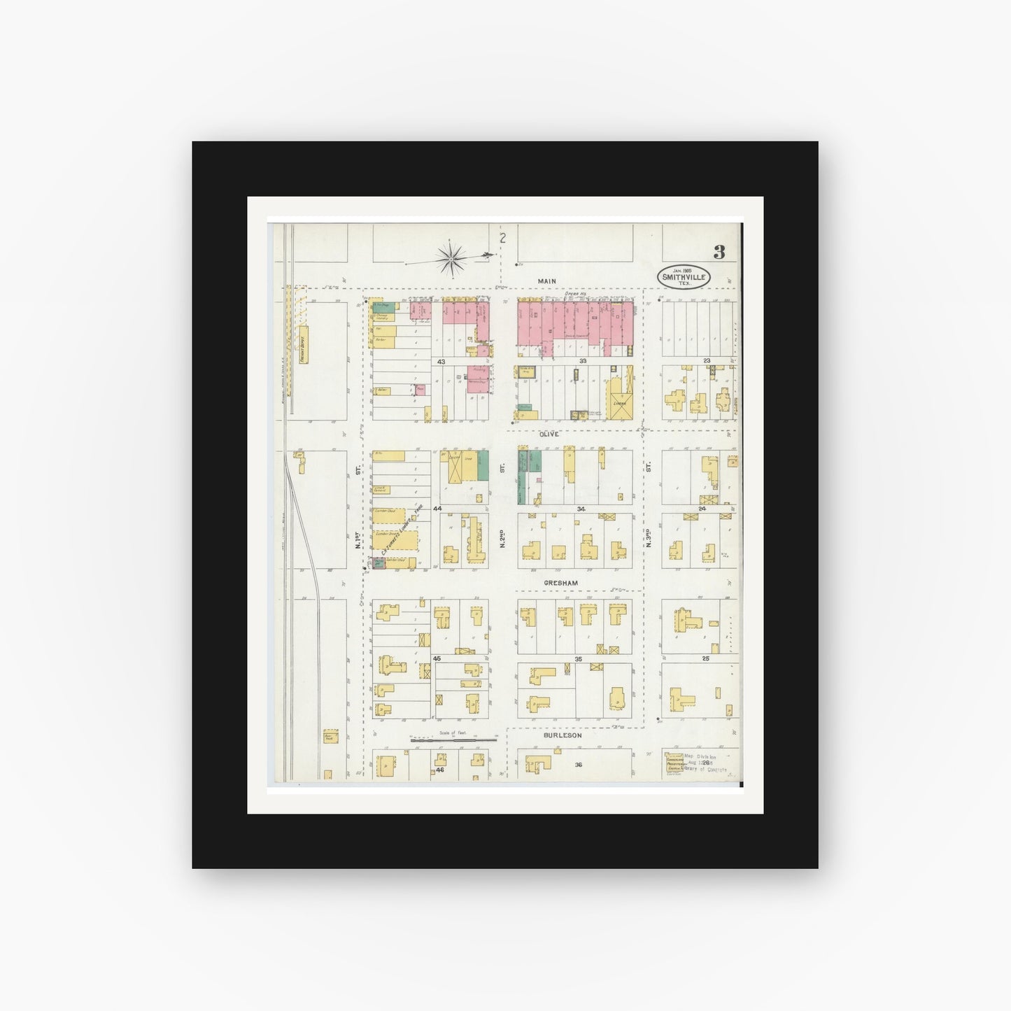 Old map wall art mockup — black gallery frame with white mat — Sanborn Fire Insurance Map from Smithville, Bastrop County, Texas (1905), Sheet #0003