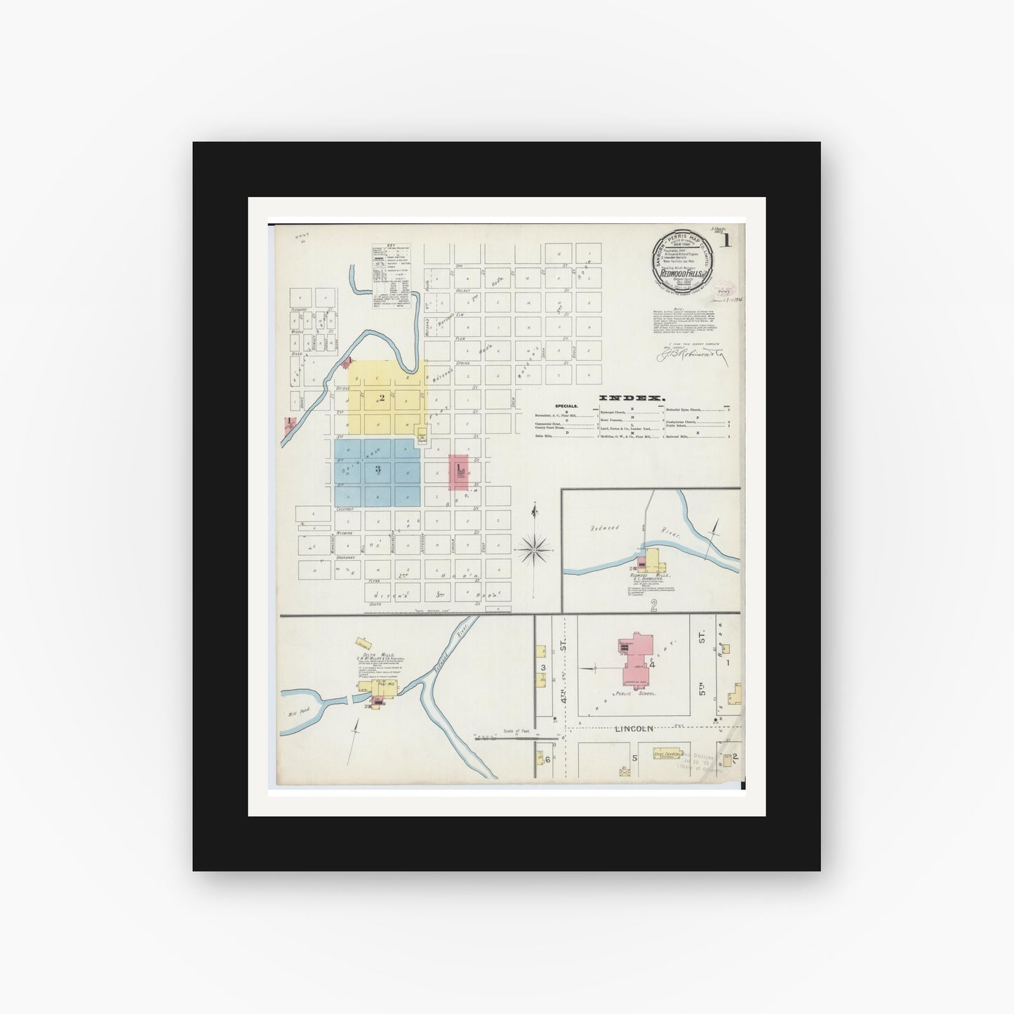 Old map wall art mockup — black gallery frame with white mat — Sanborn Fire Insurance Map from Redwood Falls, Redwood County, Minnesota (1893) - Complete Map Set