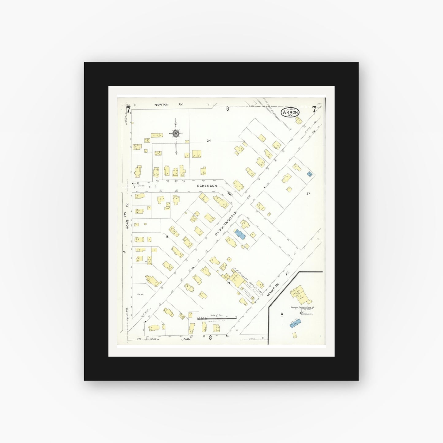 Old map wall art mockup — black gallery frame with white mat — Sanborn Fire Insurance Map from Akron, Erie County, New York (1923), Sheet #0007