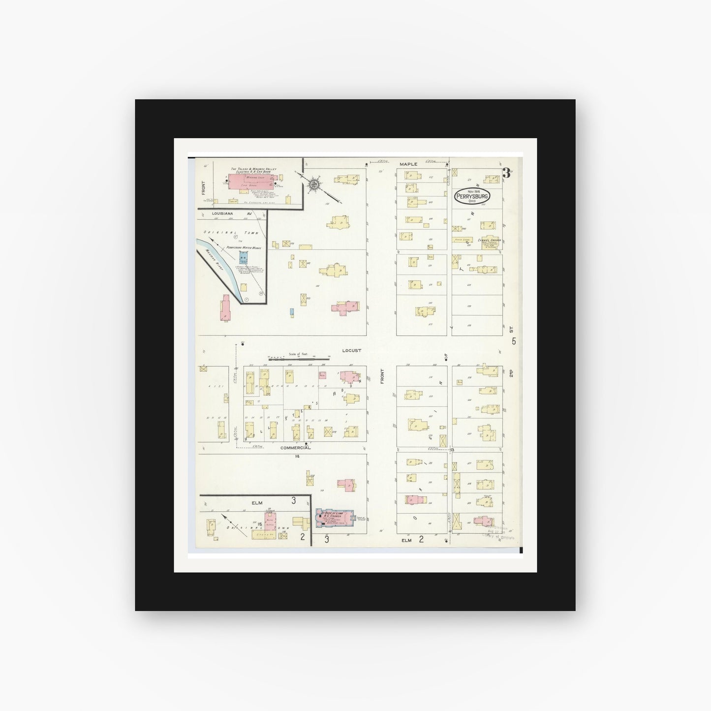 Old map wall art mockup — black gallery frame with white mat — Sanborn Fire Insurance Map from Perrysburg, Wood County, Ohio (1914), Sheet #0003
