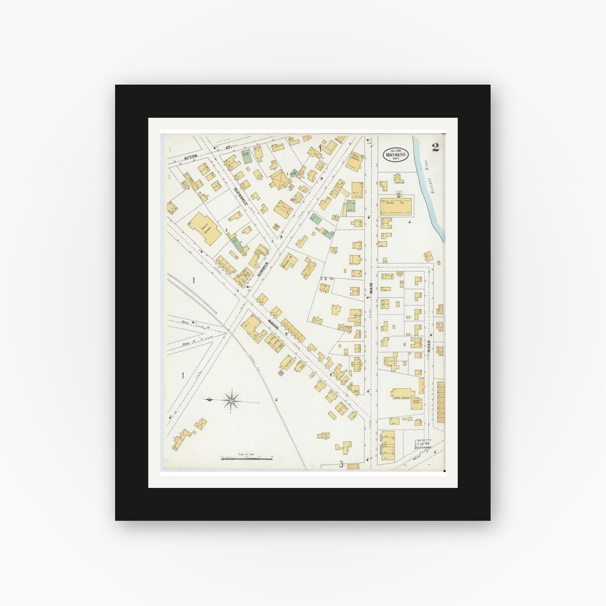 Old map wall art mockup — black gallery frame with white mat — Sanborn Fire Insurance Map from Maynard, Middlesex County, Massachusetts (1899), Sheet #0002