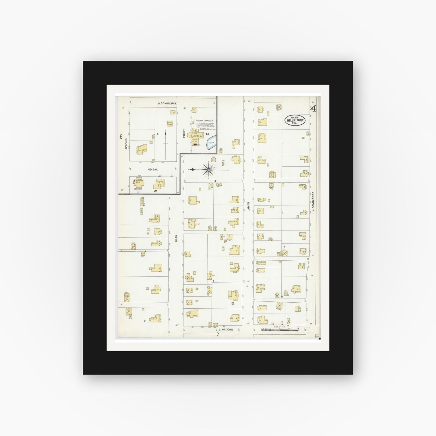 Old map wall art mockup — black gallery frame with white mat — Sanborn Fire Insurance Map from Wills Point, Van Zandt County, Texas (1906), Sheet #0004