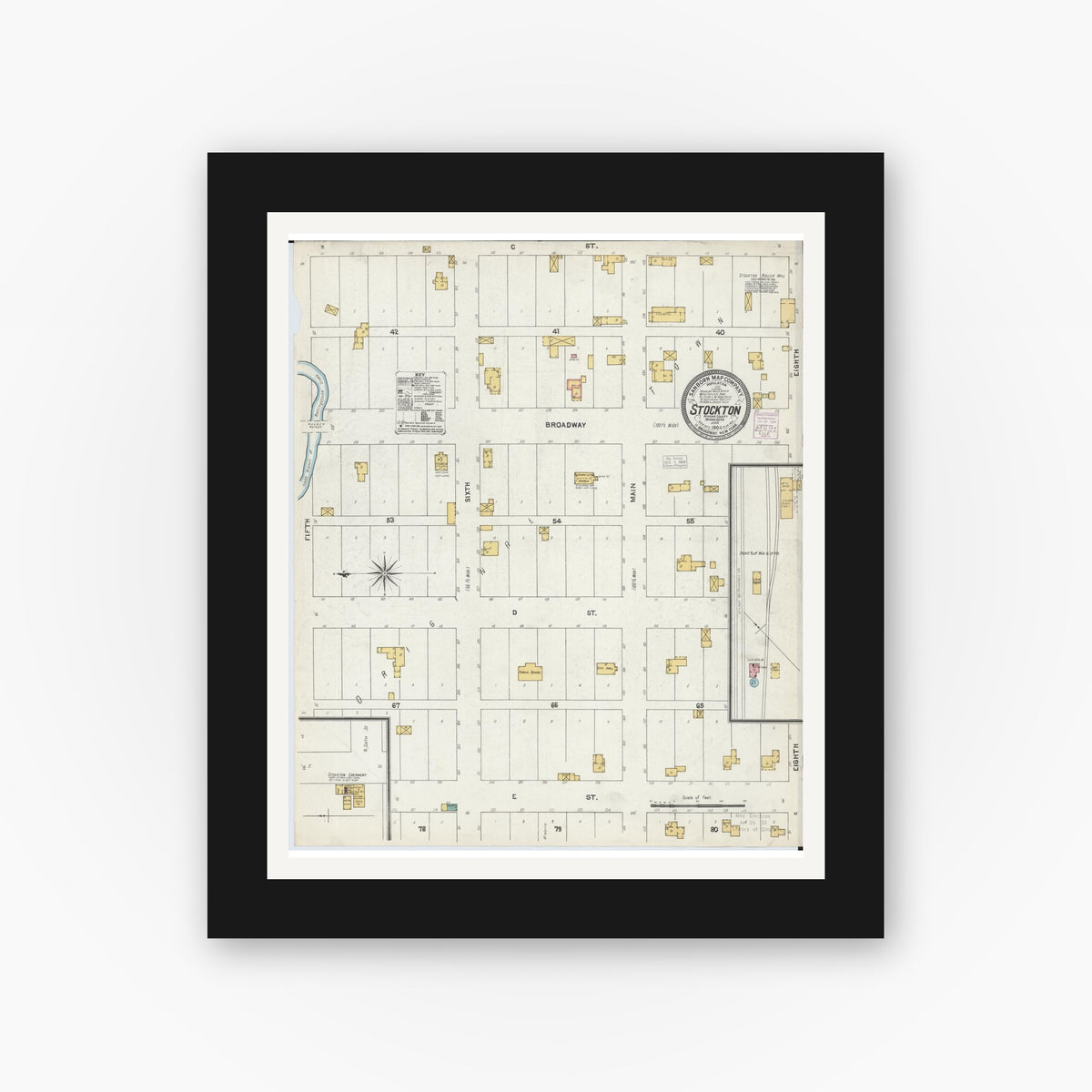 Old map wall art mockup — black gallery frame with white mat — Sanborn Fire Insurance Map from Stockton, Winona County, Minnesota (1904), Sheet #0001
