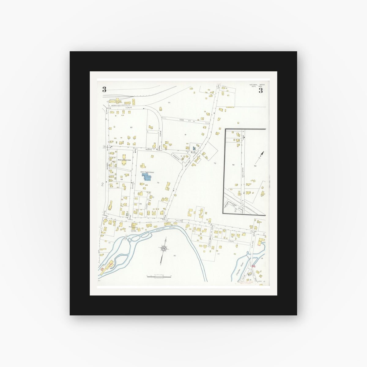 Old map wall art mockup — black gallery frame with white mat — Sanborn Fire Insurance Map from Medway, Norfolk County, Massachusetts (1933), Sheet #0003