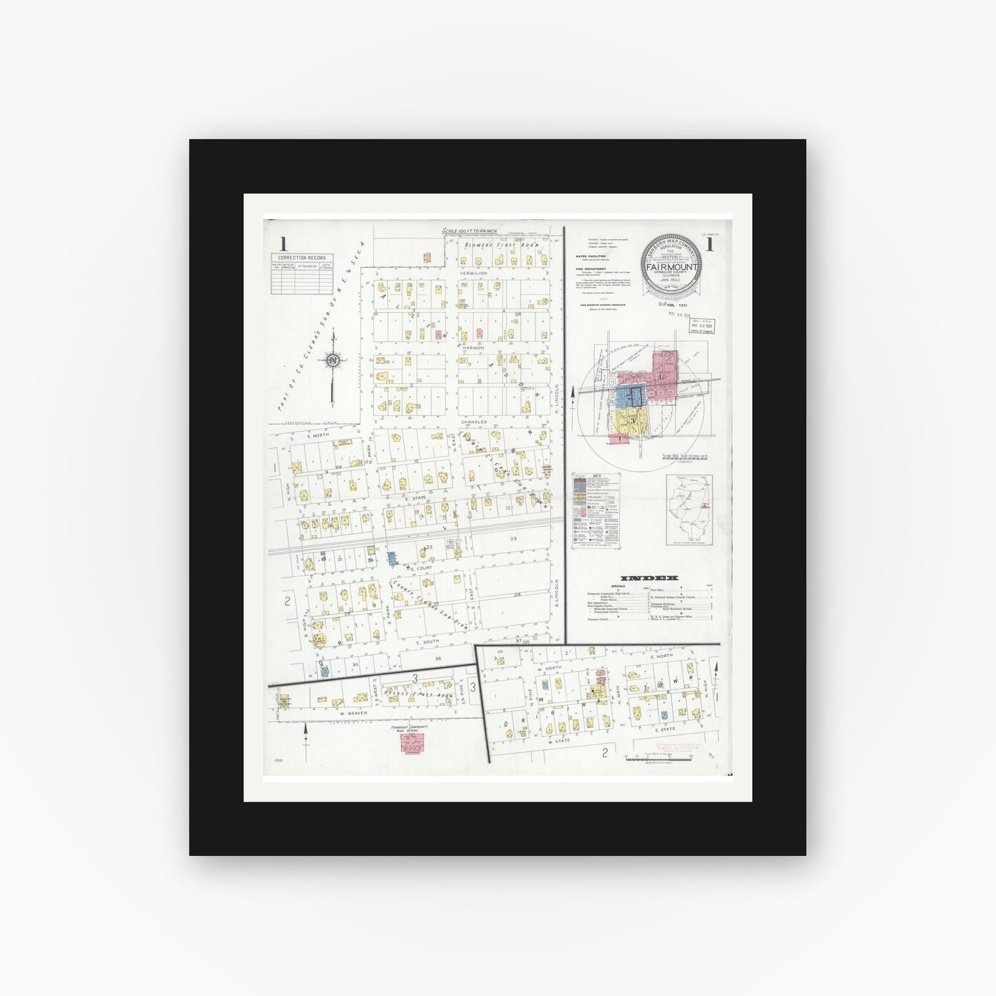 Old map wall art mockup — black gallery frame with white mat — Sanborn Fire Insurance Map from Fairmount, Vermilion County, Illinois (1933) - Complete Map Set