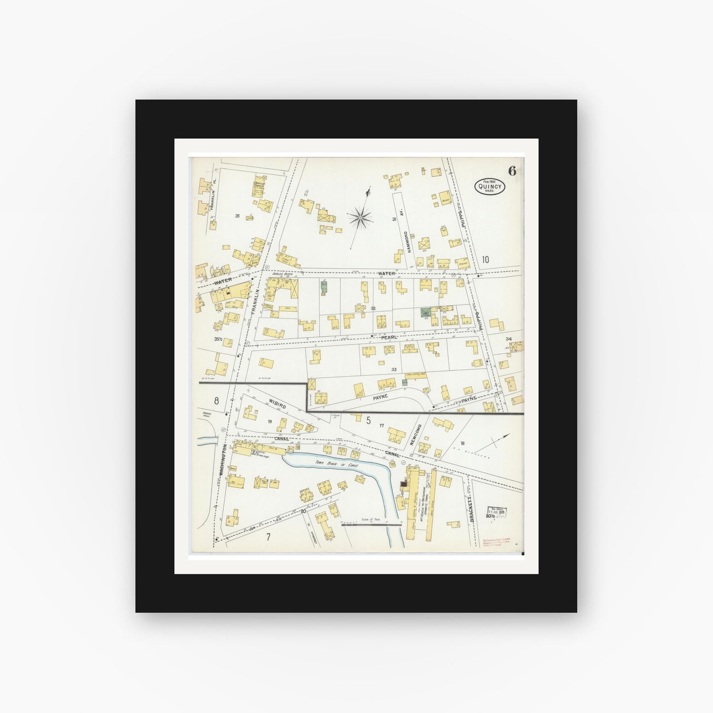 Old map wall art mockup — black gallery frame with white mat — Sanborn Fire Insurance Map from Quincy, Norfolk County, Massachusetts (1901), Sheet #0006