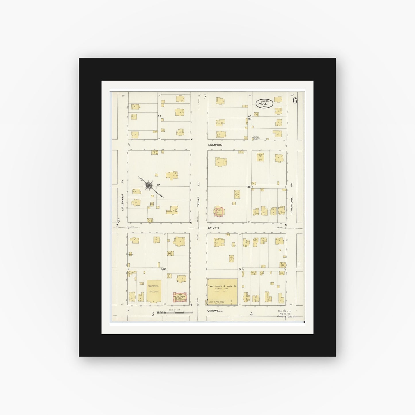 Old map wall art mockup — black gallery frame with white mat — Sanborn Fire Insurance Map from Mart, McLennan County, Texas (1915), Sheet #0006