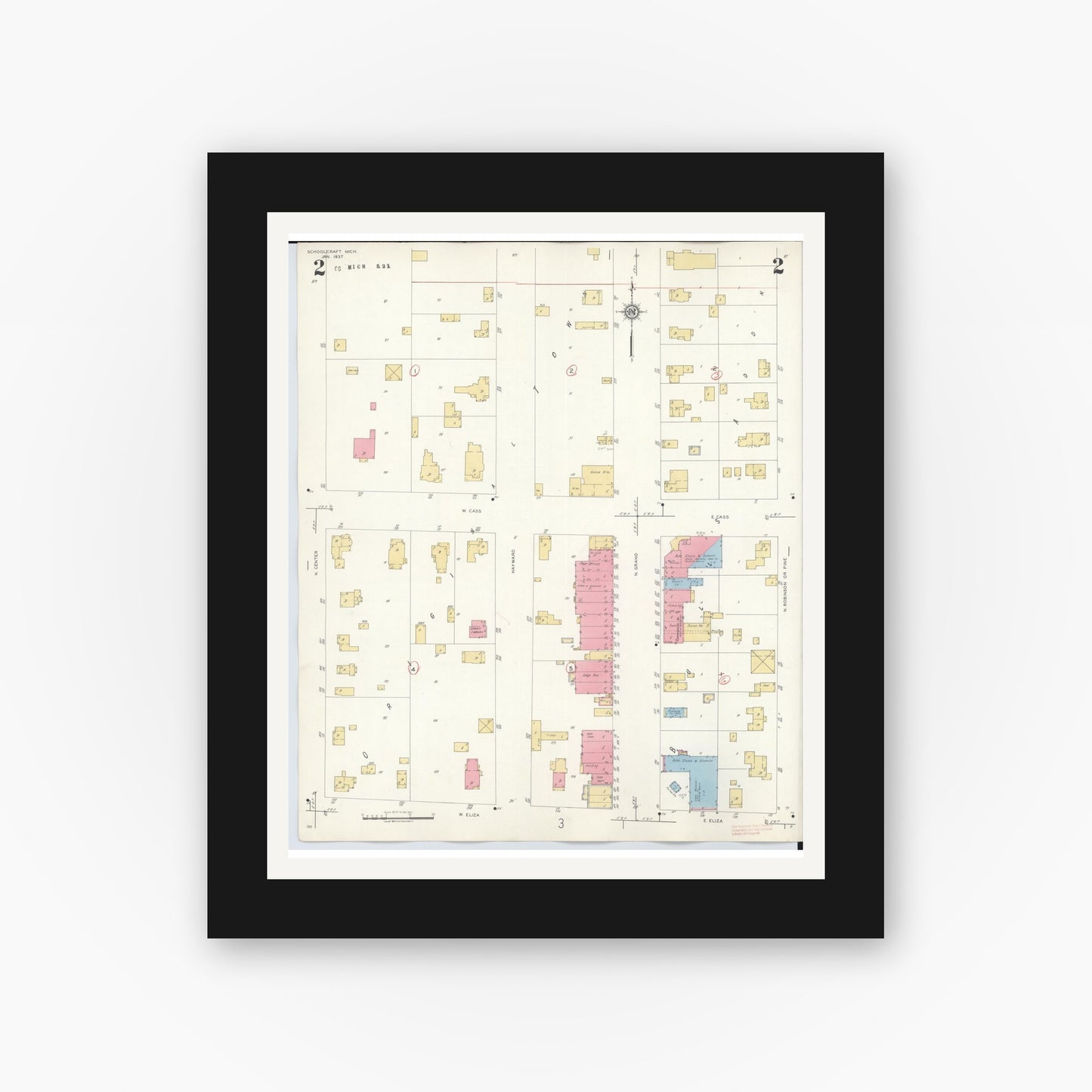 Old map wall art mockup — black gallery frame with white mat — Sanborn Fire Insurance Map from Schoolcraft, Kalamazoo County, Michigan (1937), Sheet #0002