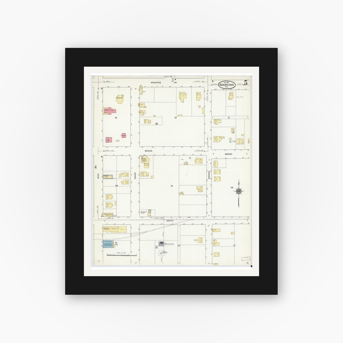 Old map wall art mockup — black gallery frame with white mat — Sanborn Fire Insurance Map from Bradentown, Manatee County, Florida (1911), Sheet #0005