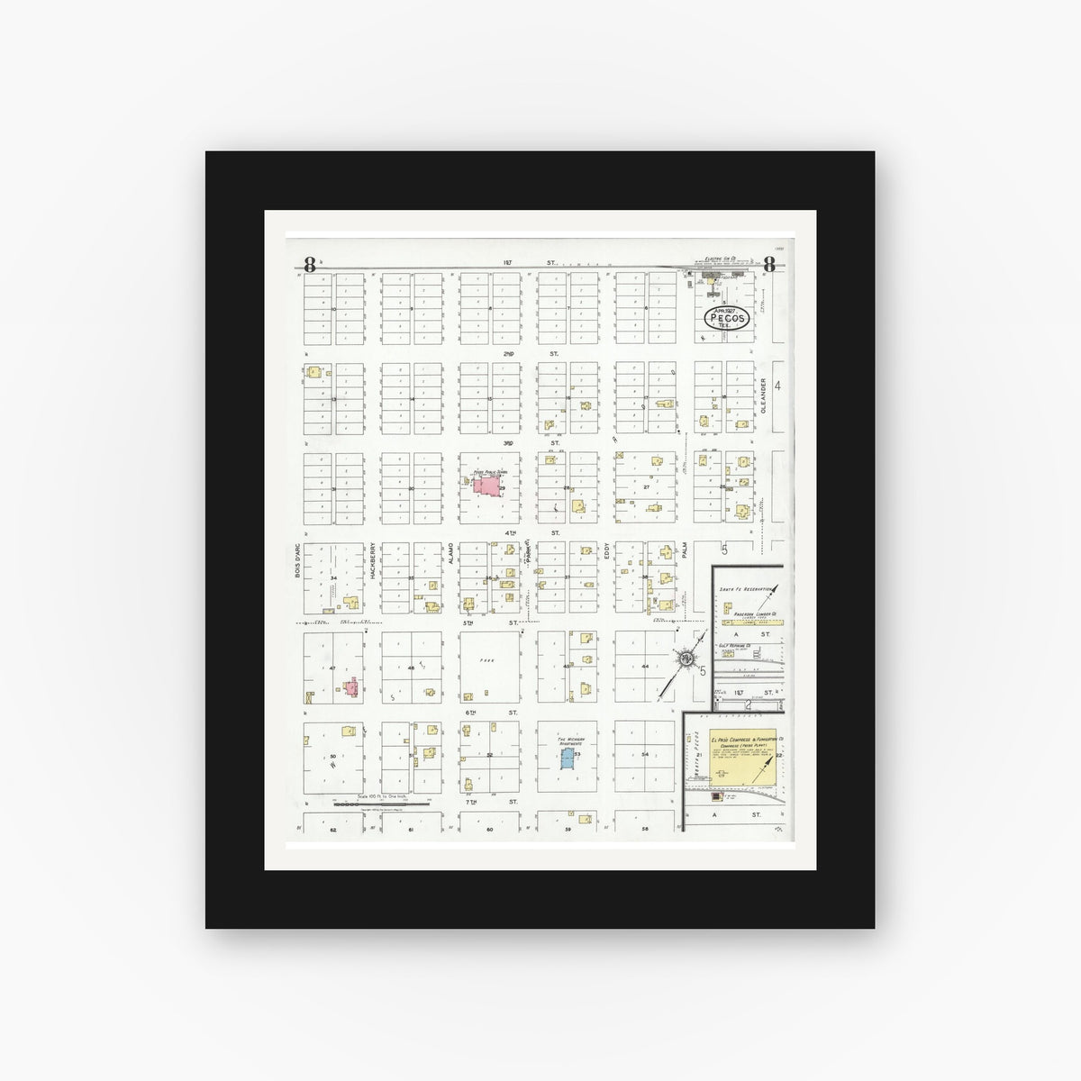 Old map wall art mockup — black gallery frame with white mat — Sanborn Fire Insurance Map from Pecos, Reeves County, Texas (1927), Sheet #0008