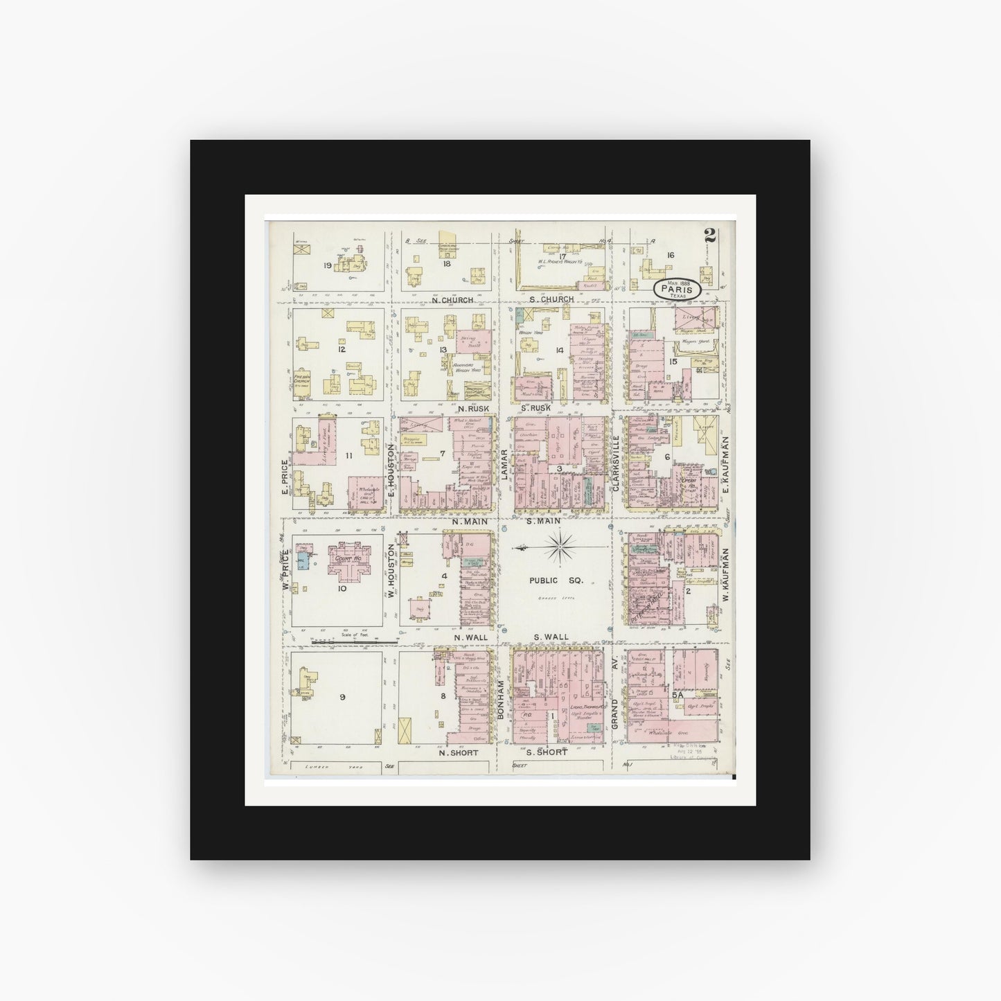 Old map wall art mockup — black gallery frame with white mat — Sanborn Fire Insurance Map from Paris, Lamar County, Texas (1888), Sheet #0002