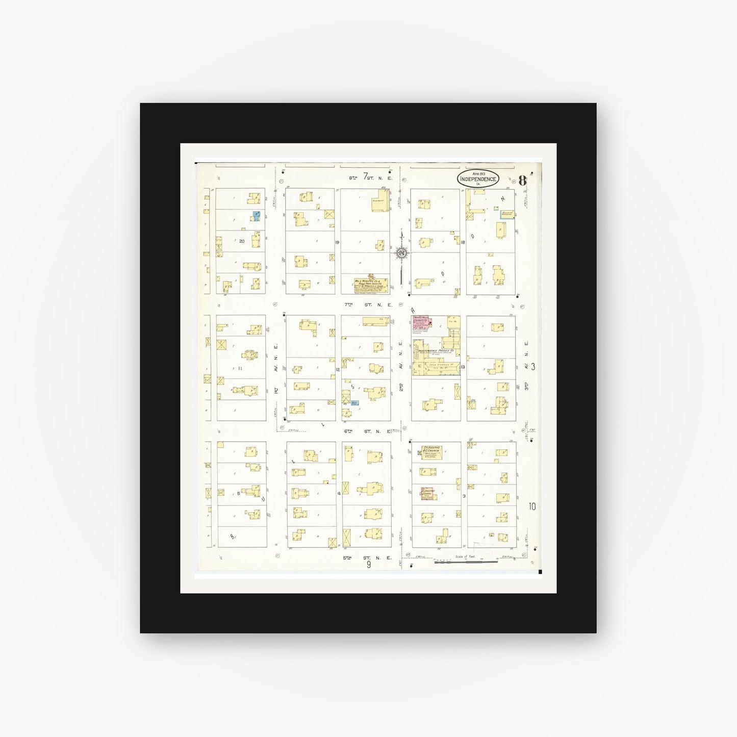 Old map wall art mockup — black gallery frame with white mat — Sanborn Fire Insurance Map from Independence, Buchanan County, Iowa (1913), Sheet #0008