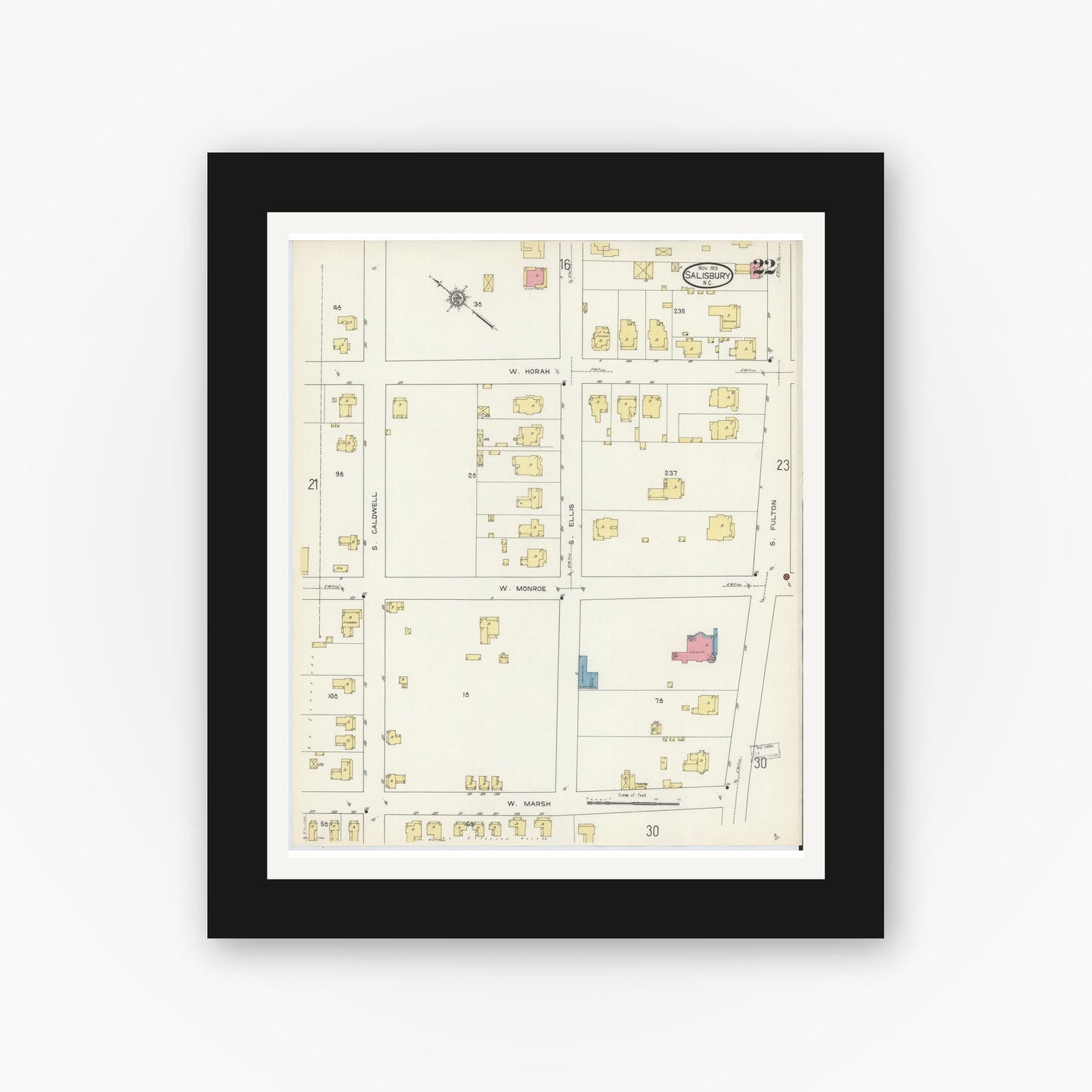 Old map wall art mockup — black gallery frame with white mat — Sanborn Fire Insurance Map from Salisbury, Rowan County, North Carolina (1913), Sheet #0022