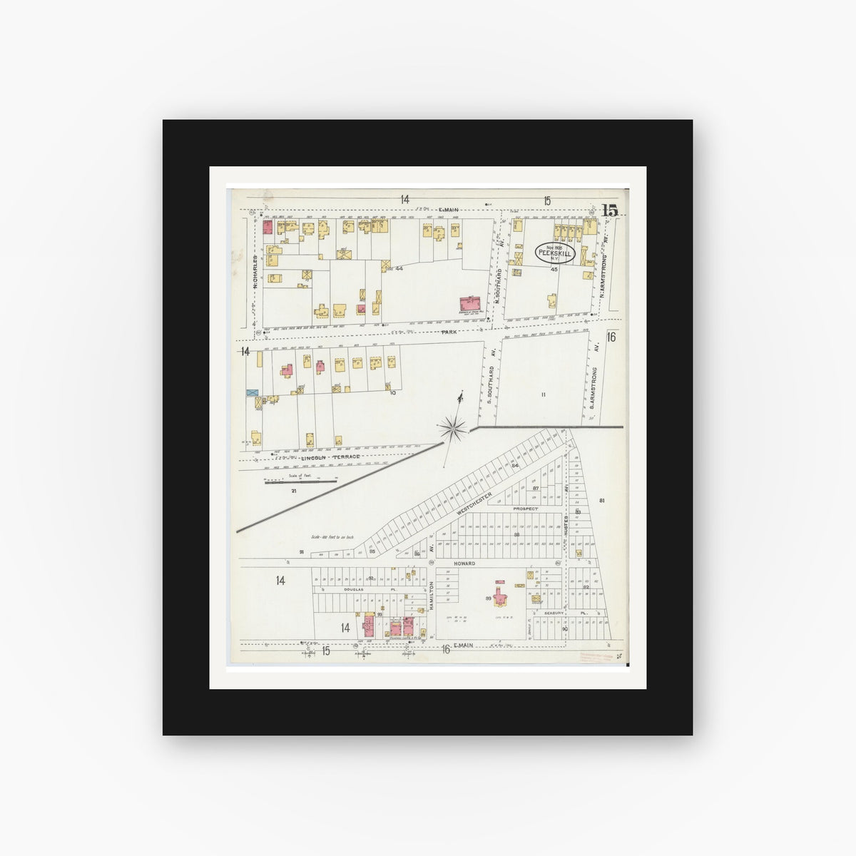 Old map wall art mockup — black gallery frame with white mat — Sanborn Fire Insurance Map from Peekskill, Westchester County, New York (1905), Sheet #0015