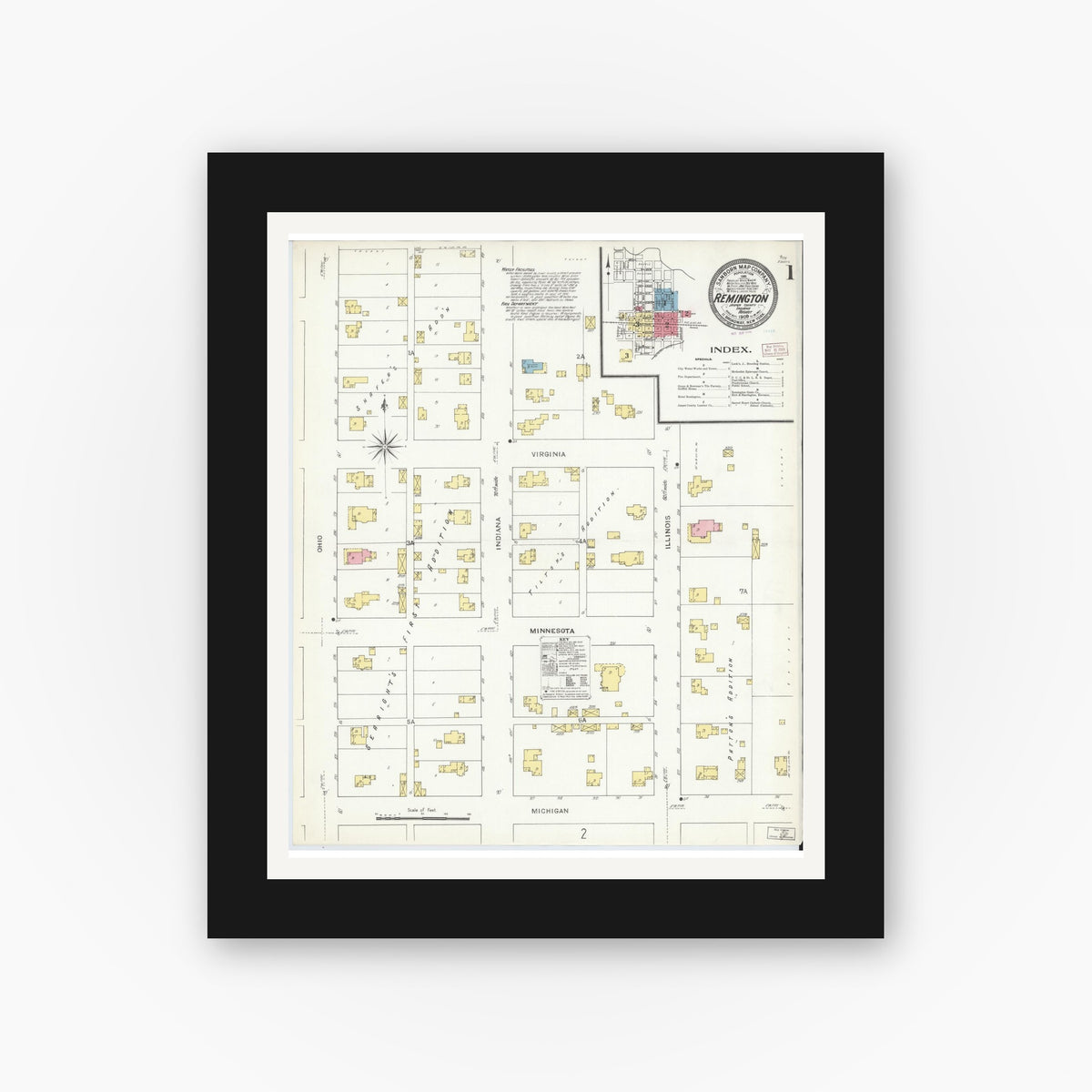 Old map wall art mockup — black gallery frame with white mat — Sanborn Fire Insurance Map from Remington, Jasper County, Indiana (1909), Sheet #0001